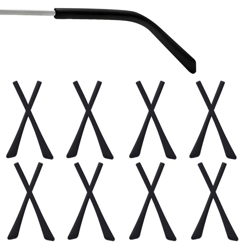 Funver 8 Pairs Silicone Temple Tips for Eyeglasses, Anti-Slip Glasses Arm Covers Replacement for Thin Metal Frame Glasses, Soft Comfortable Eyewear Ear Grips and Nose Pad Accessories Black
